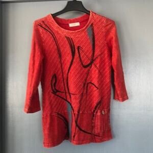 JESS & JANE Small Tunic Red Black Abstract Artsy 100% Cotton Pocket 3/4 Sleeves